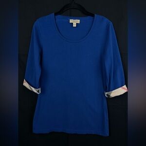 Burberry Royal Blue top with plaid details on sleeves
